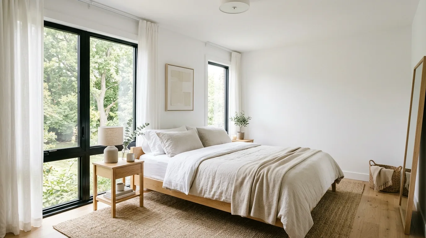 Use bright walls and beige accents sparingly inspiration for a neutral bedroom.